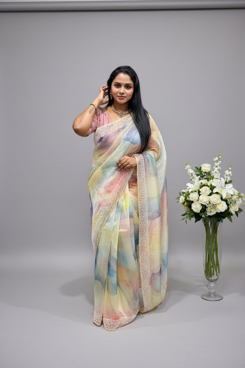 Pure Organza Saree – Pastel Multicolour Floral Designer Organza Saree