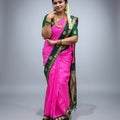 Kanchi Semi Silk Saree – Rani Pink & Bottle Green Traditional Zari Border Saree