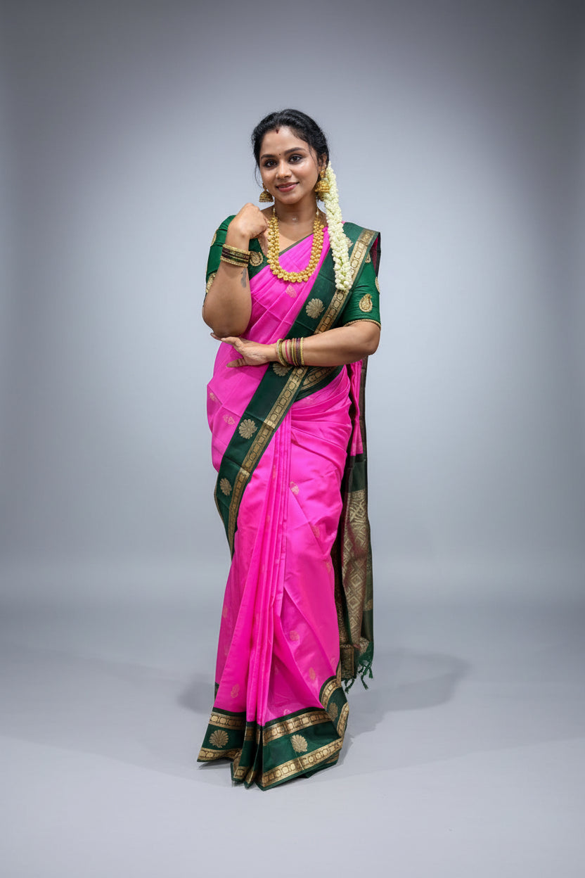 Kanchi Semi Silk Saree – Rani Pink & Bottle Green Traditional Zari Border Saree