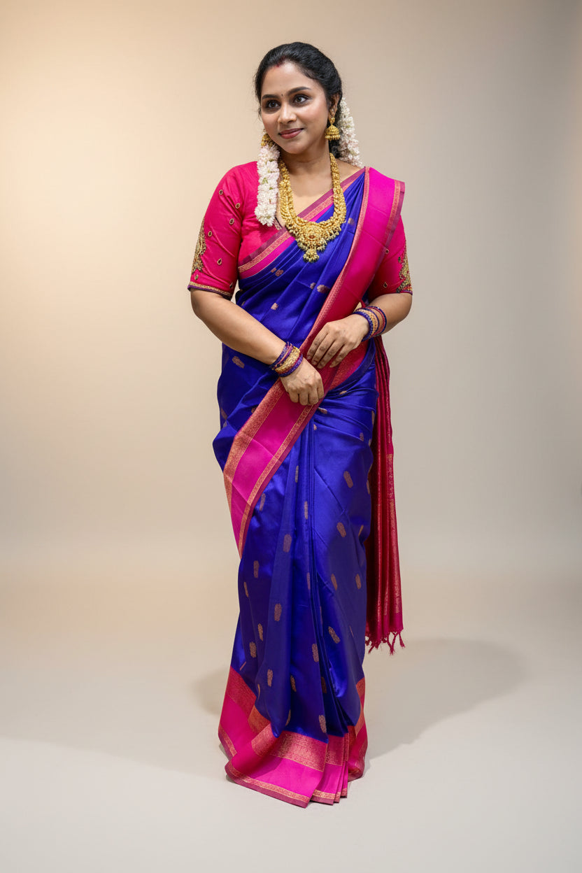 Kanchi Semi Silk Saree – Royal Blue & Rani Pink Traditional Zari Border Saree