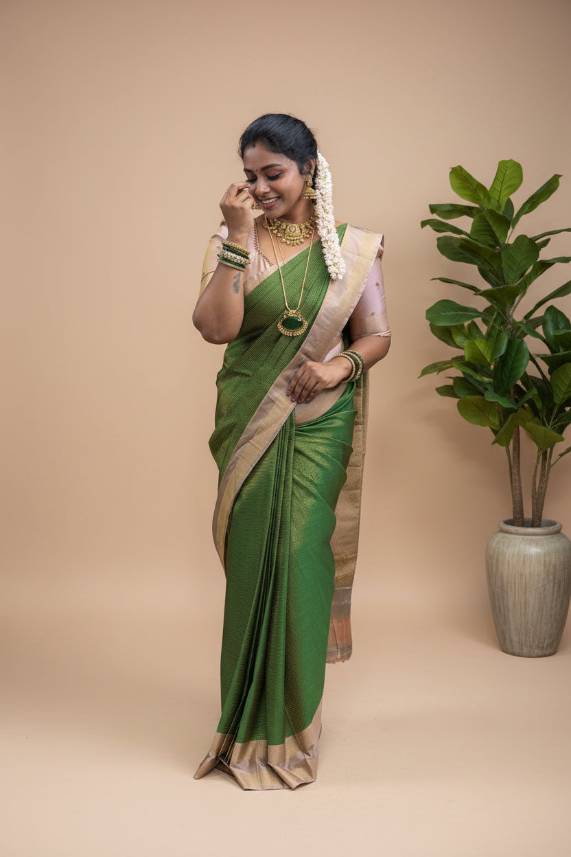 Premium Vairaoochi Soft Silk Saree – Emerald Green & Champagne Gold Designer Saree