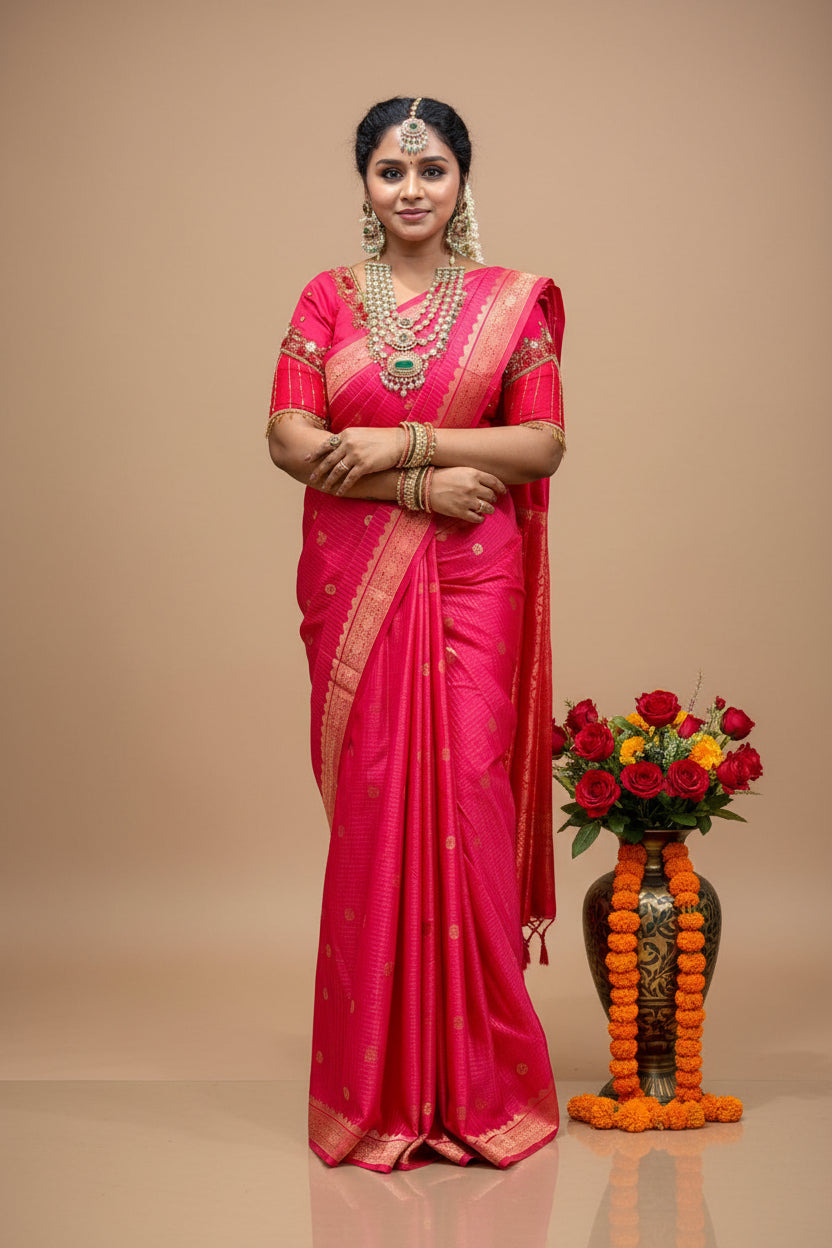 Semi Bridal Saree – Rani Pink Designer Silk Saree with Rich Zari Border