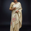 Celebrity Collection – Premium Cream Gold Designer Silk Saree with Floral Embroidery