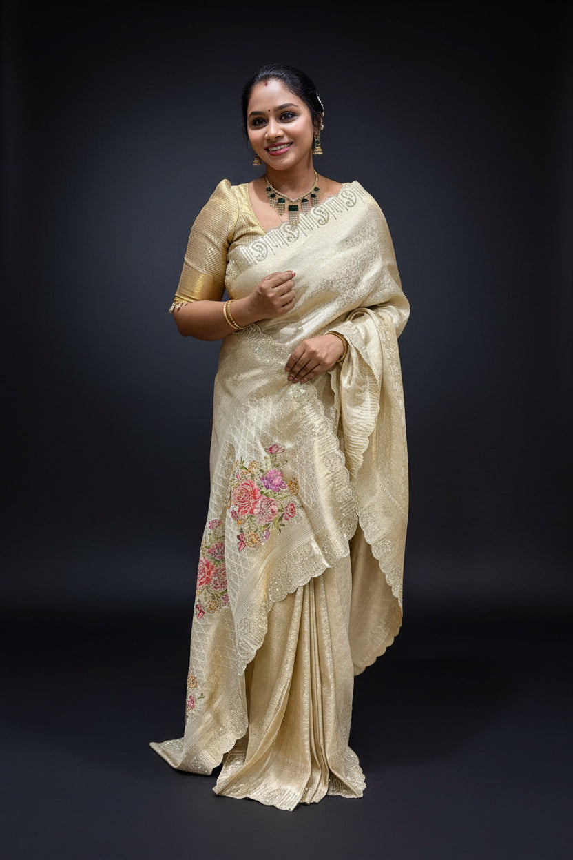 Celebrity Collection – Premium Cream Gold Designer Silk Saree with Floral Embroidery