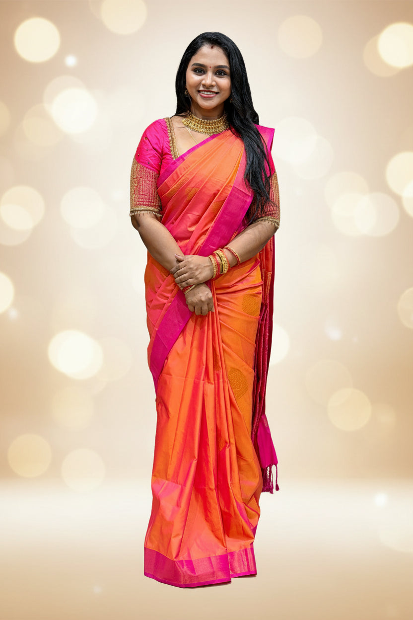 Premium Soft Silk Saree – Peach Orange & Rani Pink Rich Zari Border Saree