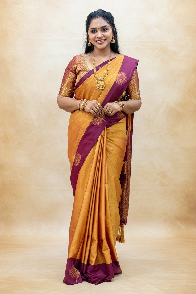 Premium Soft Silk Saree – Mustard Gold & Wine Purple Rich Zari Border Saree