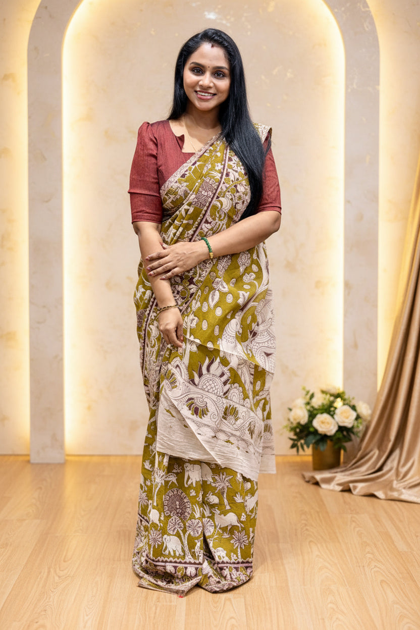 Kalamkari Cotton Saree – Olive Green & Ivory Heritage Print Saree