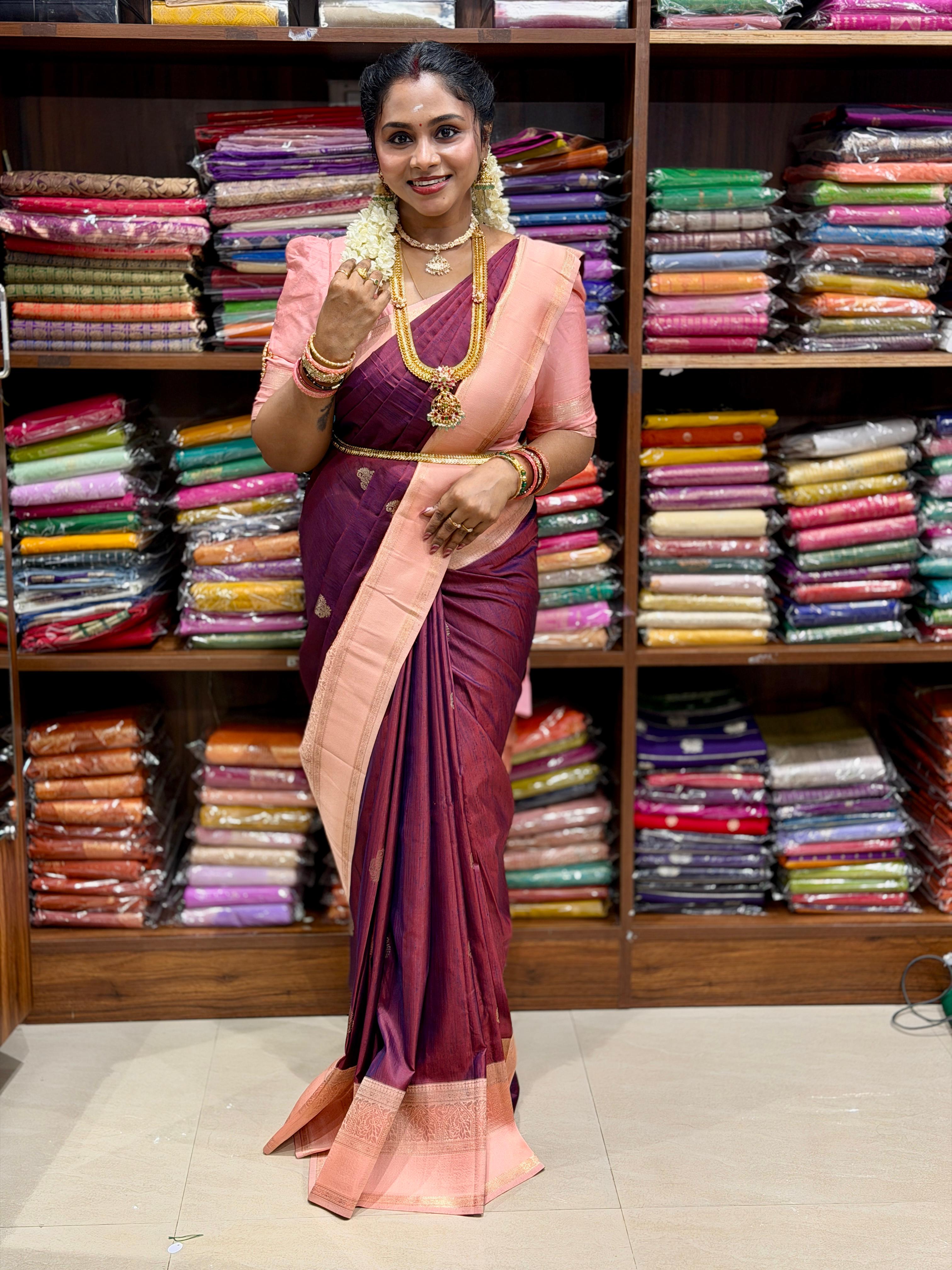 Semi Slub Silk Saree – Wine Purple & Blush Pink Contrast Border Saree