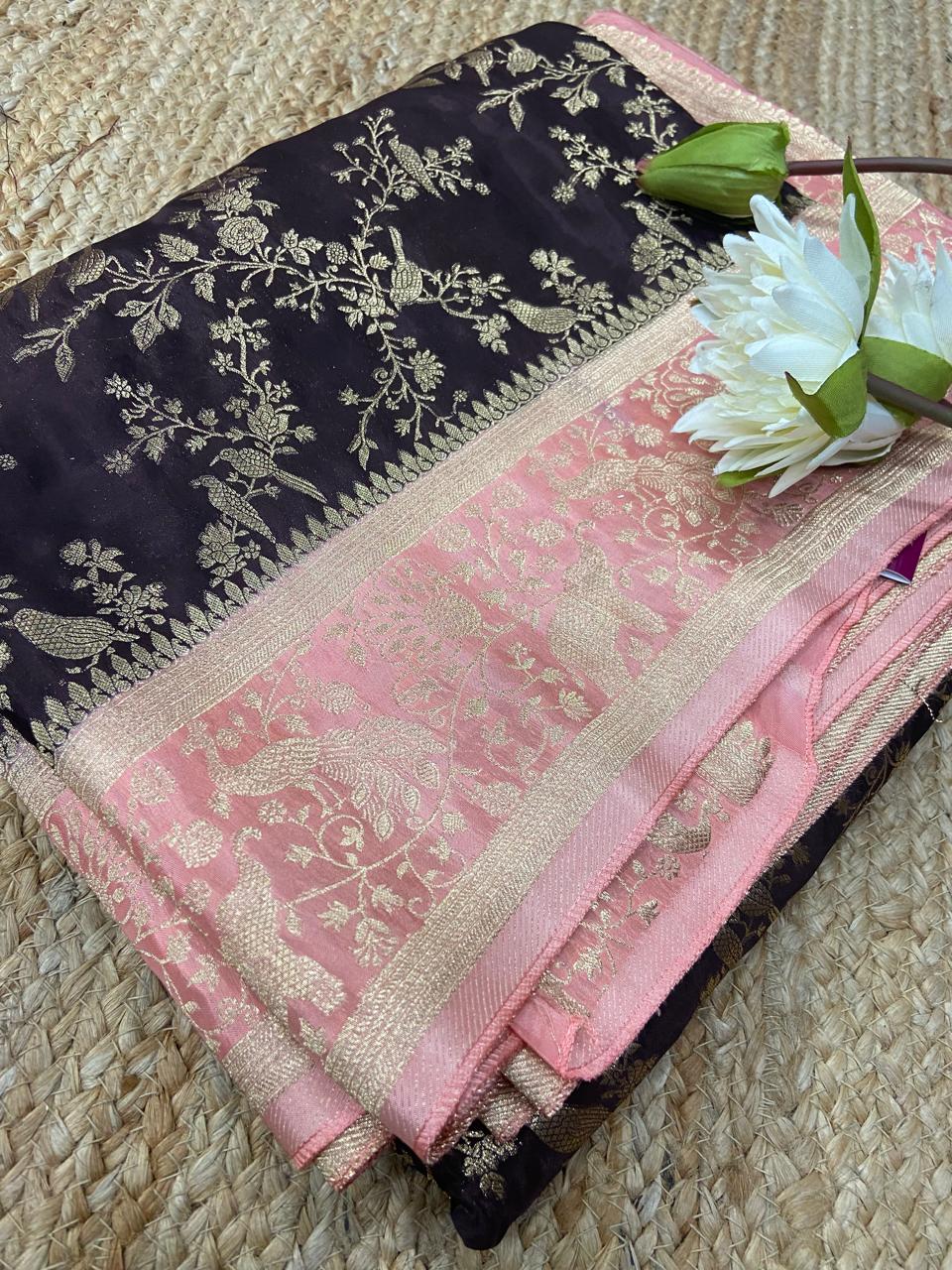 🖤🌸 Black & Baby Pink Golden Zari Saree 🌸✨