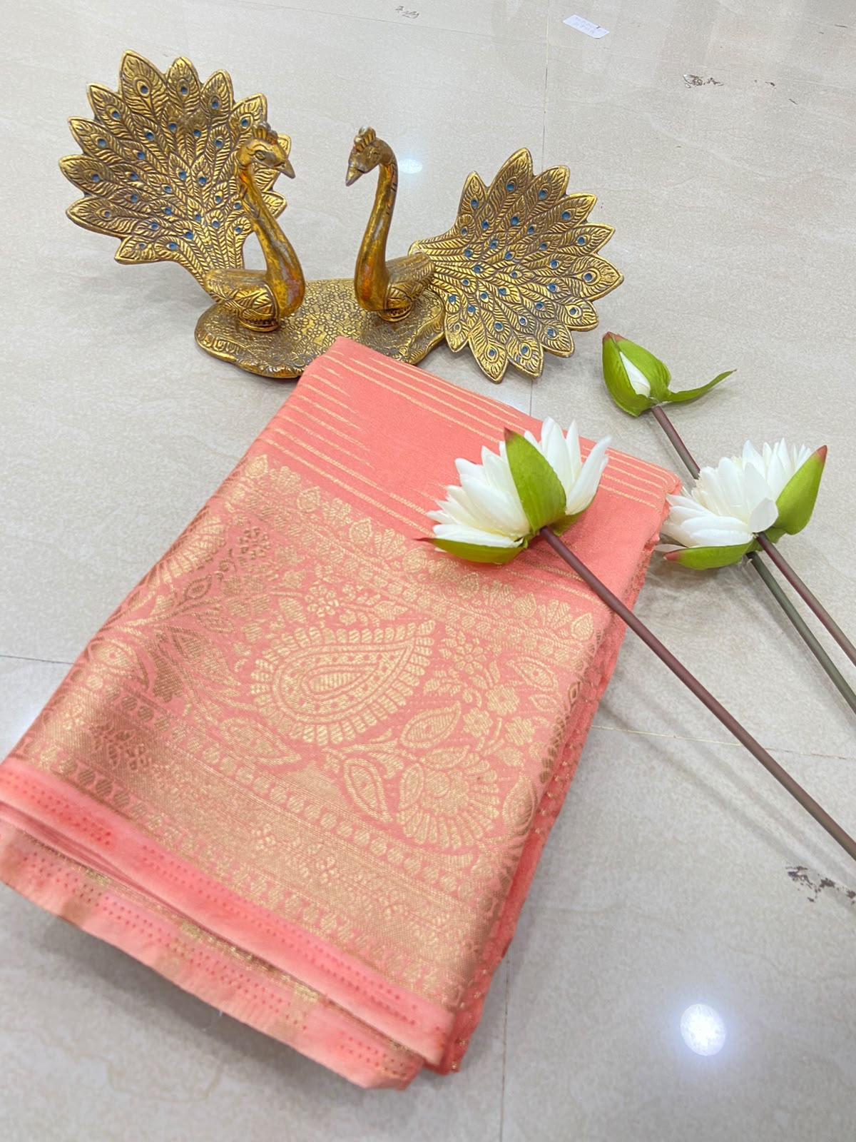 🌸✨ Peach Pink Golden Zari Saree ✨🌸