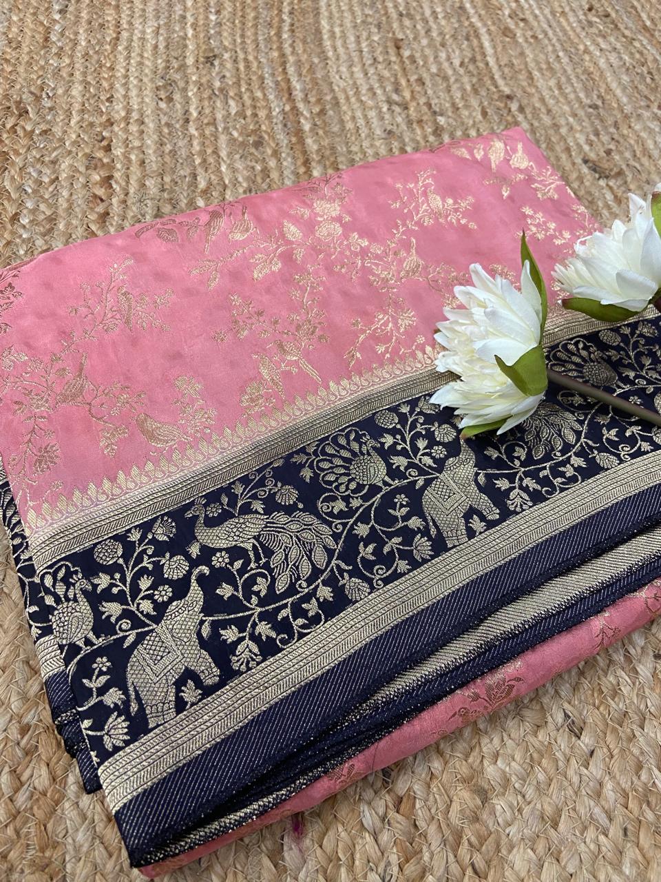 🌸💙 Baby Pink & Navy Blue Golden Zari Saree 💙✨