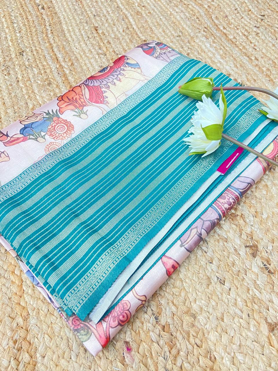 🩵✨ Turquoise Blue & Floral Printed Saree ✨🌸