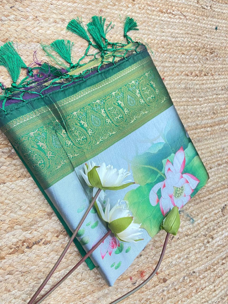 💚🌸 Green & Silver Floral Printed Saree 🌸✨