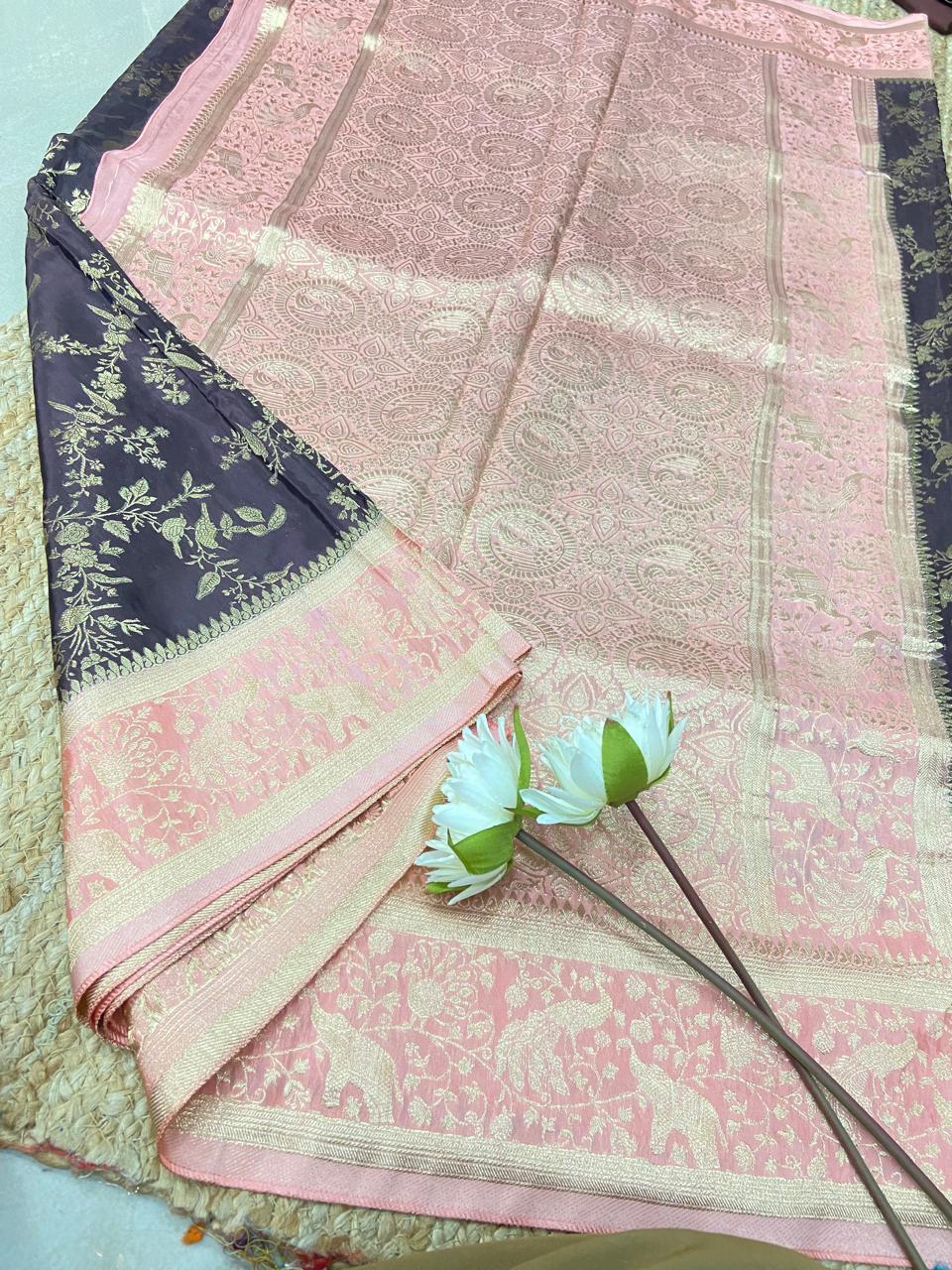 🖤🌸 Black & Baby Pink Golden Zari Saree 🌸✨