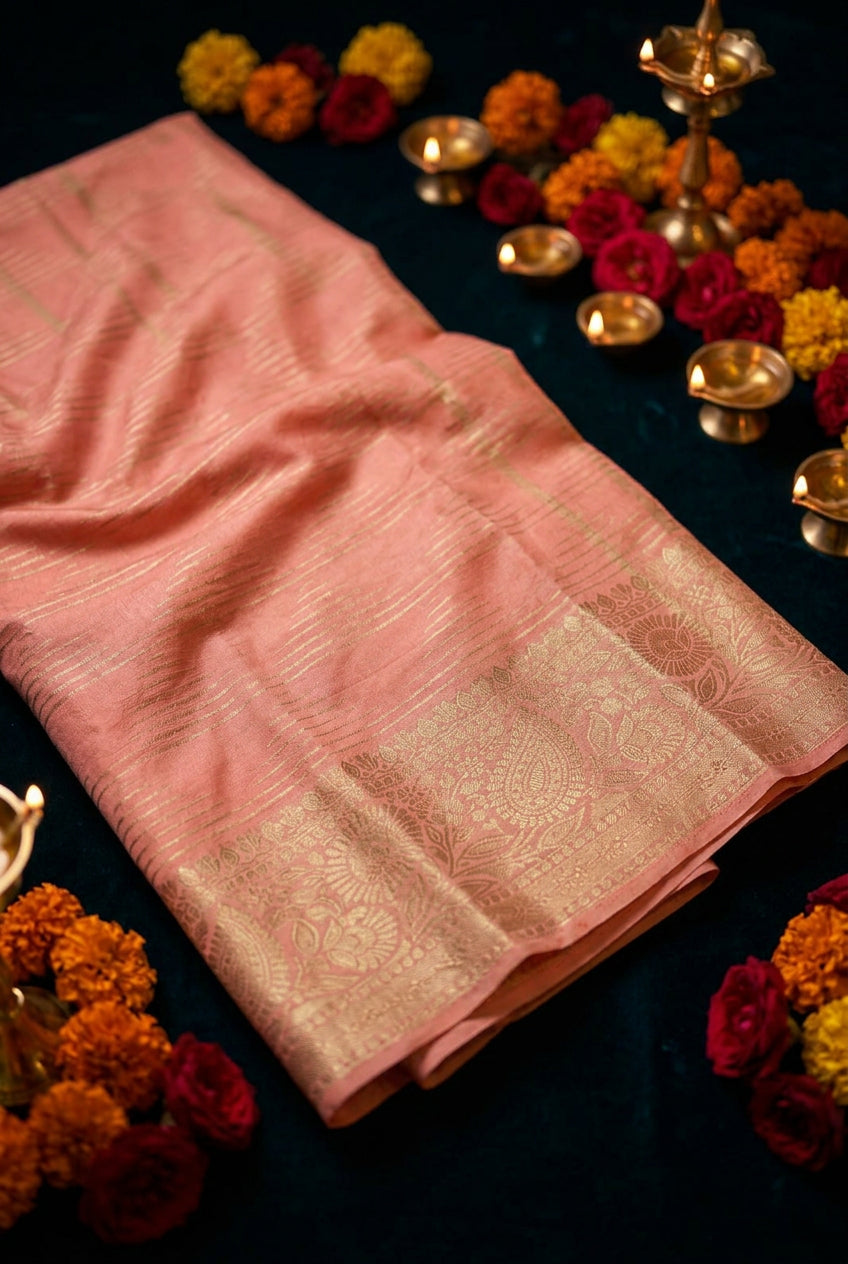 🌸✨ Peach Pink Golden Zari Saree ✨🌸