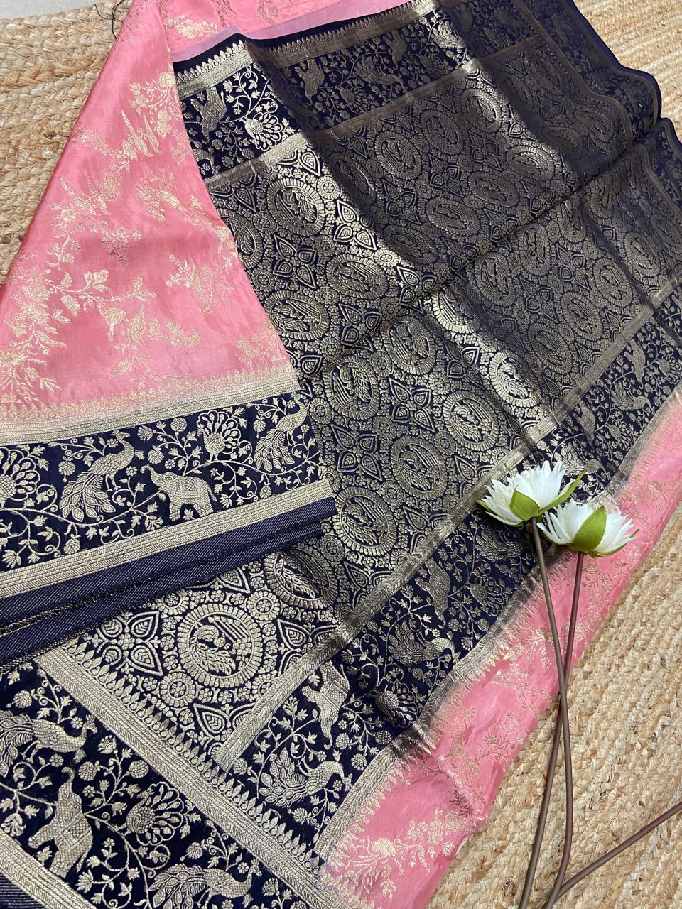 🌸💙 Baby Pink & Navy Blue Golden Zari Saree 💙✨