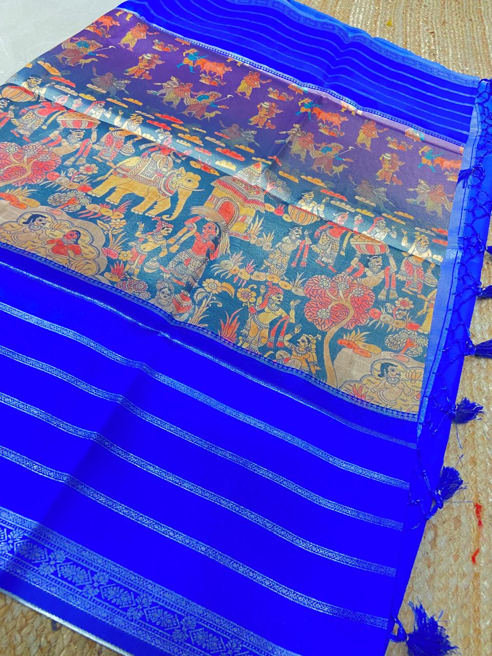 💙✨ Royal Blue & Traditional Printed Saree ✨💙