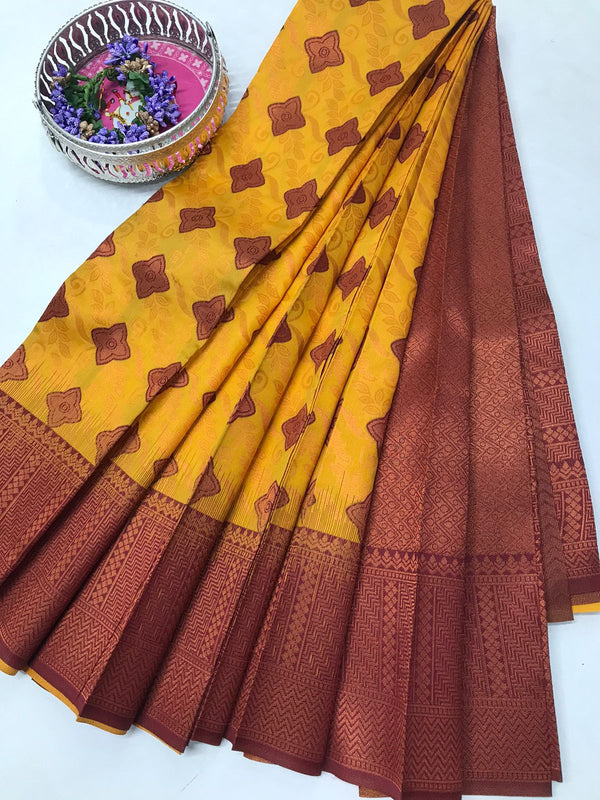 Soft Silk With Awesome  yellow Zari