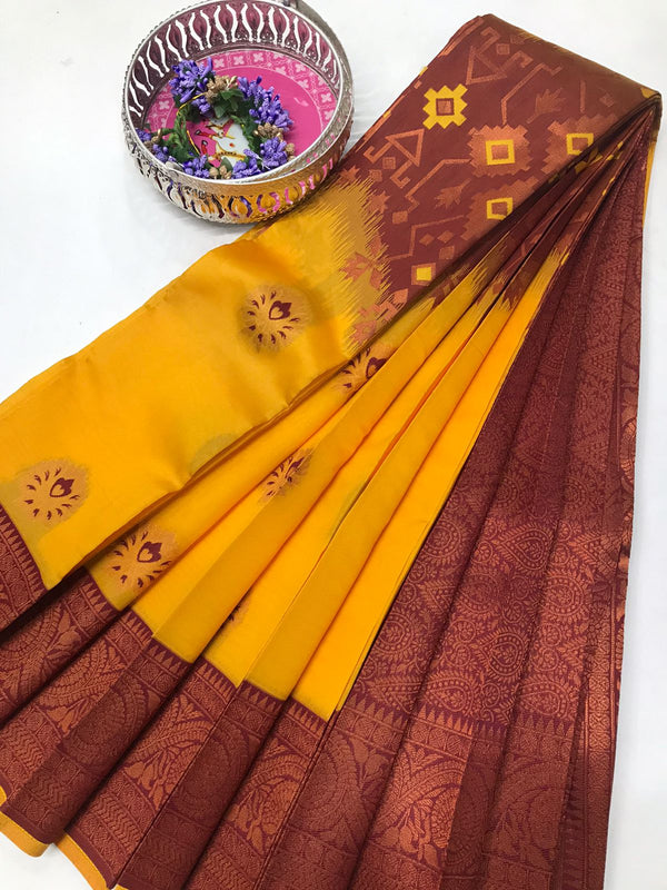 Soft Silk With Awesome  yellow Zari