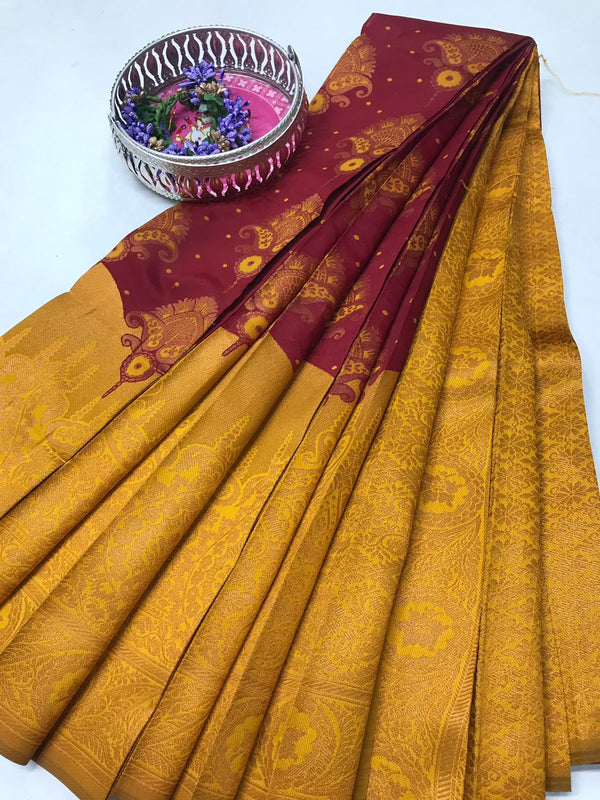 Soft Silk With Awesome  yellow Zari