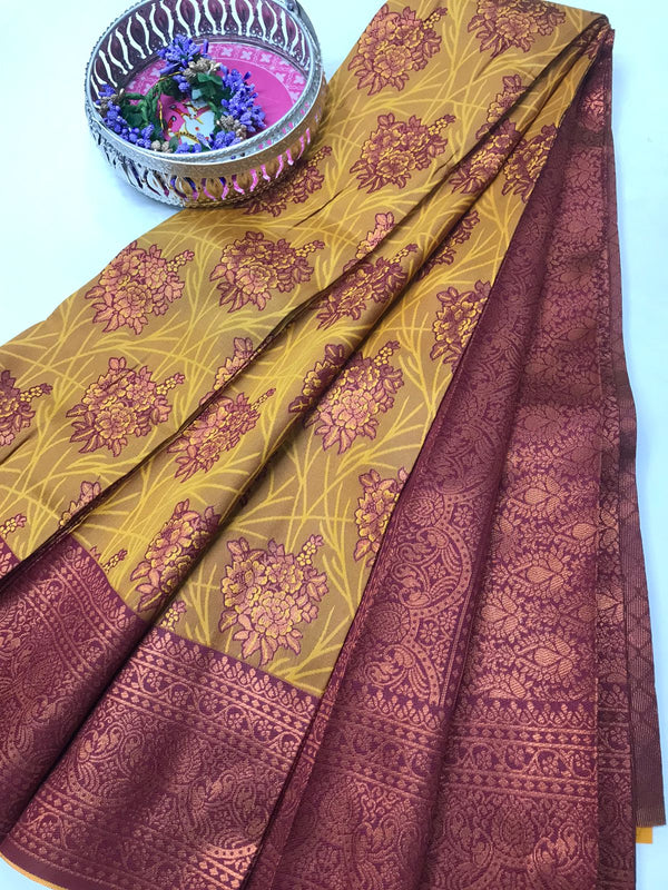Soft Silk With Awesome  yellow Zari