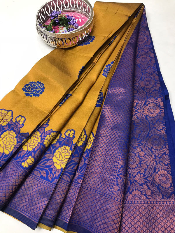 Soft Silk With Awesome  yellow Zari
